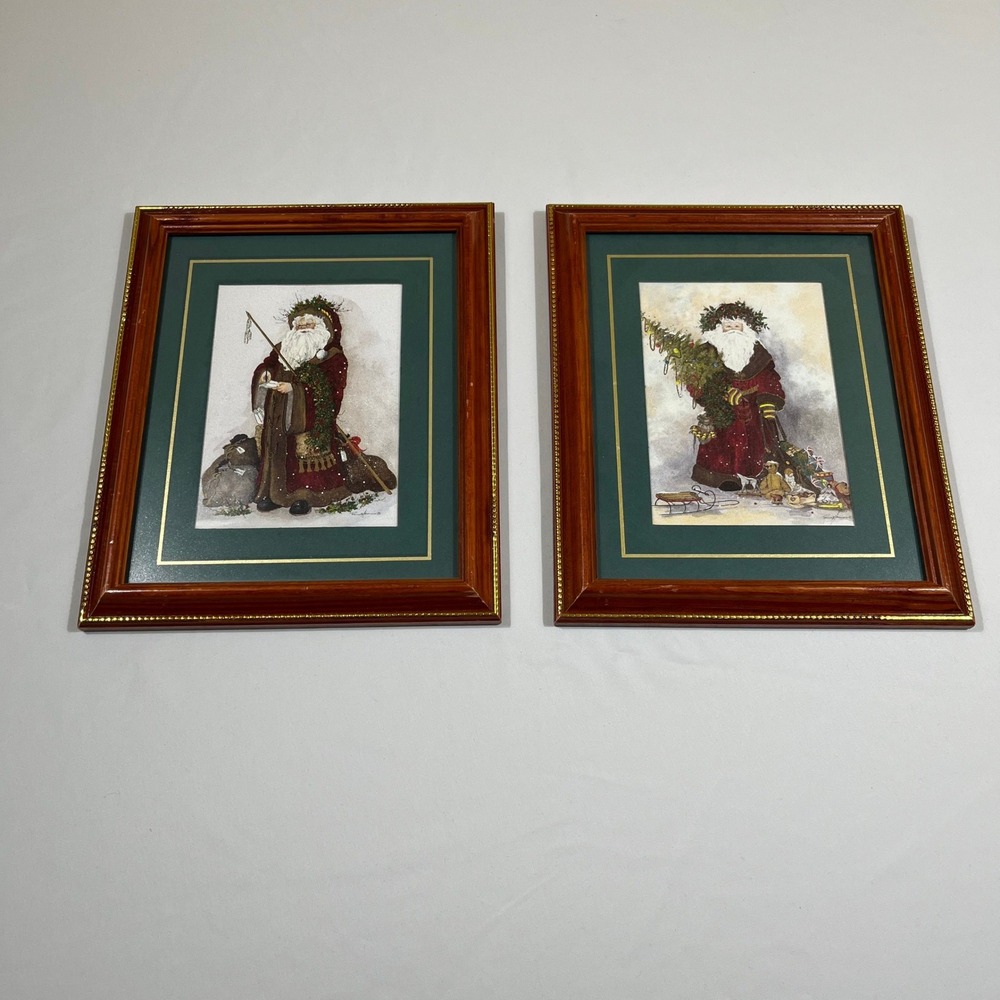 Santa Claus Art Prints Set 2 Burgundy Green Rustic Holiday Decor Christmas Art